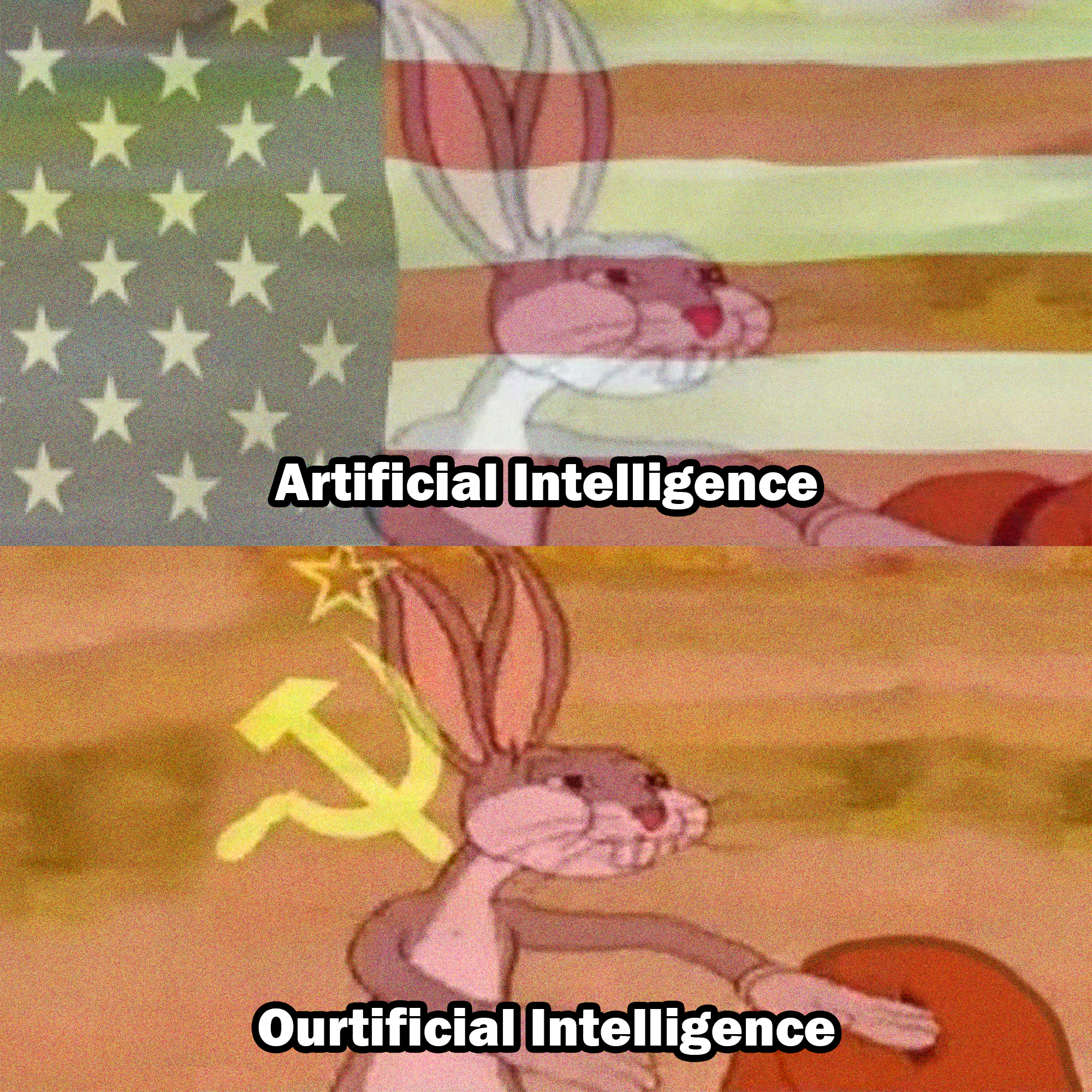 Bugs Bunny capitalist & Bugs Bunny communist arguing over artificial intelligence